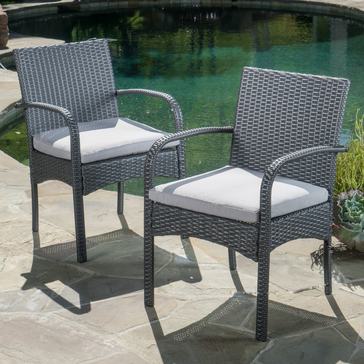 Grey PE Rattan Patio Dining Chairs Set of 2