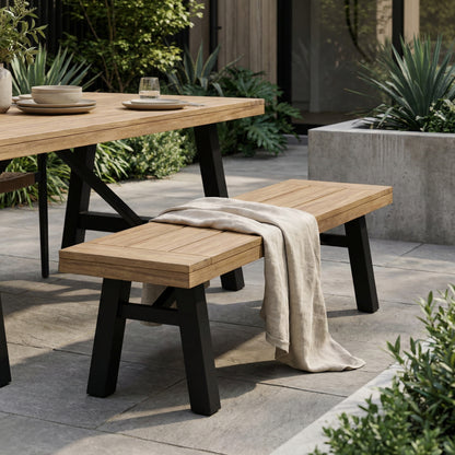 Outdoor Bench with Slat Panel Design and Acacia Wood Frame, Natural and Grey