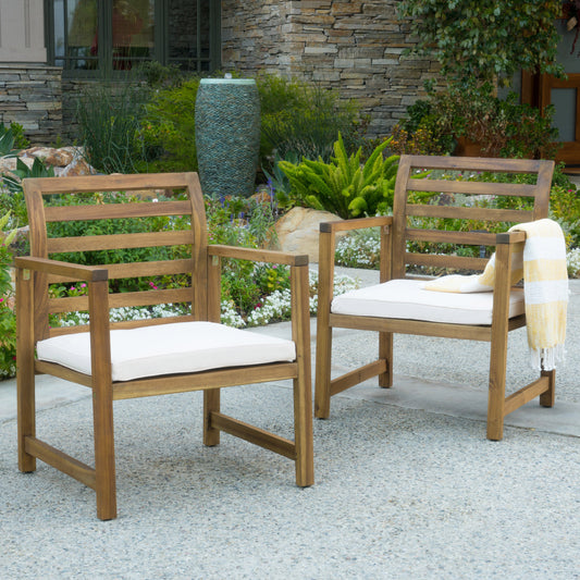Outdoor Acacia Wood Club Chairs, 2-Pcs Set, Natural Stained / White, 25.5"D x 24.5"W x 33.0"H