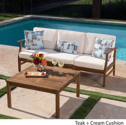 PERLA 3 Seater Sofa & Table Set - Cream Acacia Wood Patio Furniture