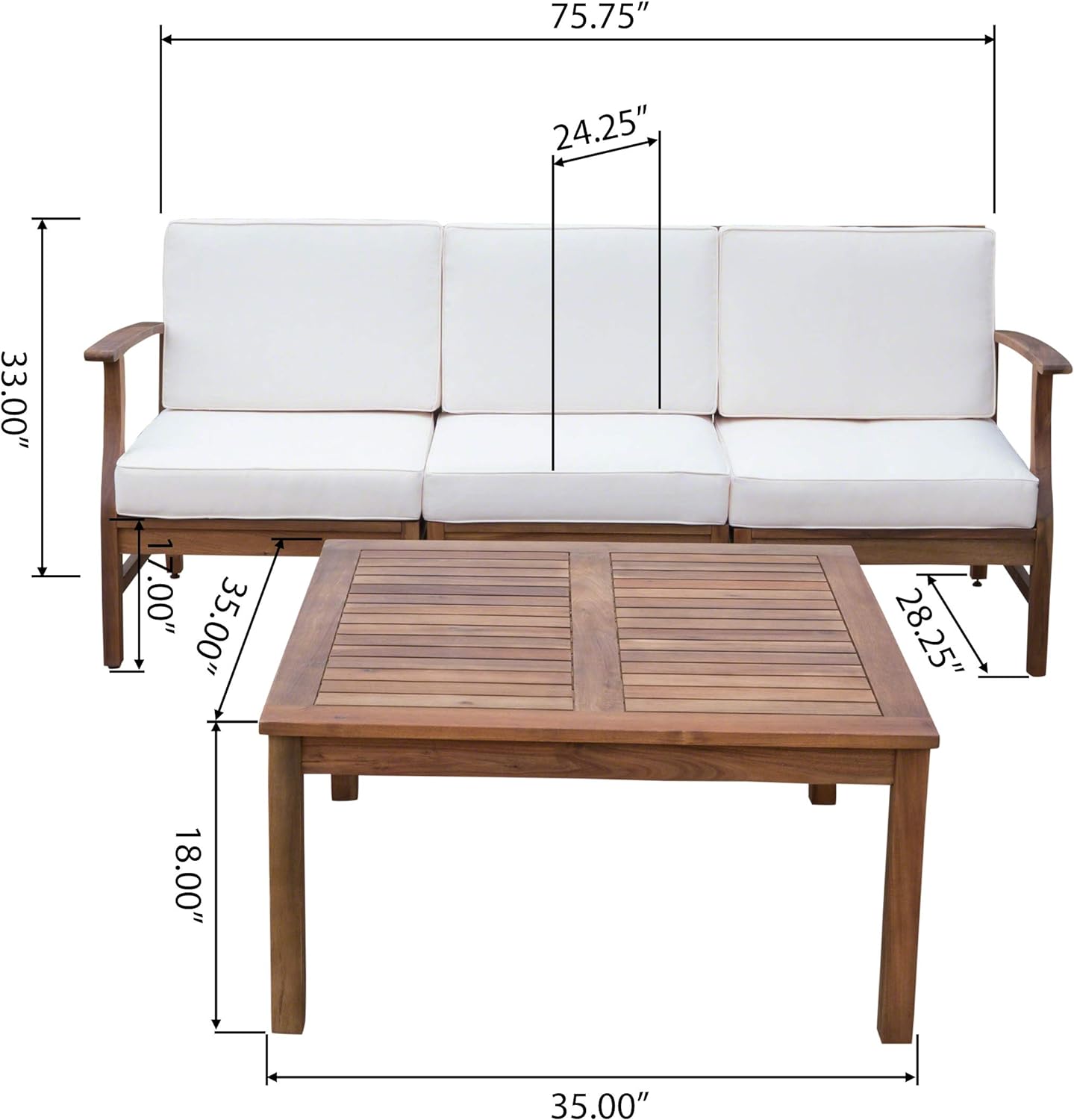 PERLA 3 Seater Sofa & Table Set - Cream Acacia Wood Patio Furniture
