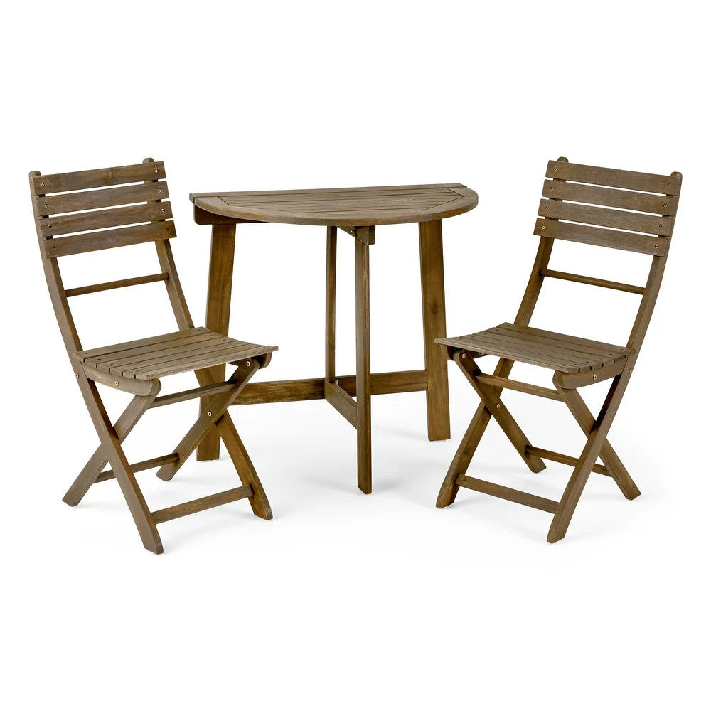 Grey Acacia Wood Folding Bistro Set - 3 Piece Patio Table & Chairs for Outdoor