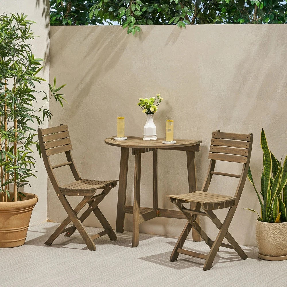 Outdoor 3pc Half-Round Folding Acacia Wood Bistro Set: Weather-Resistant, Space-Saving,Grey