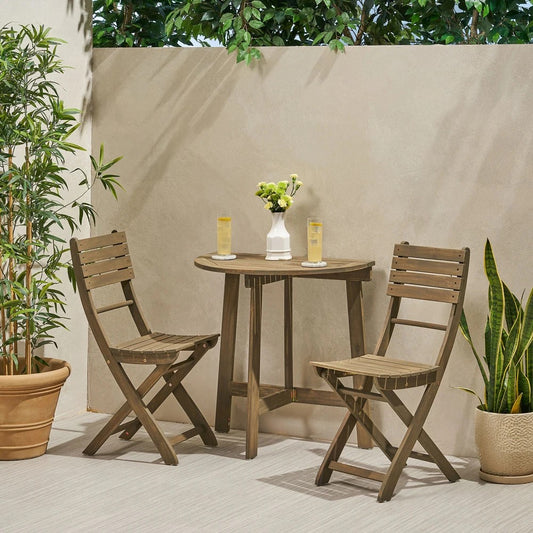 Outdoor 3pc Half-Round Folding Acacia Wood Bistro Set: Weather-Resistant, Space-Saving,Grey