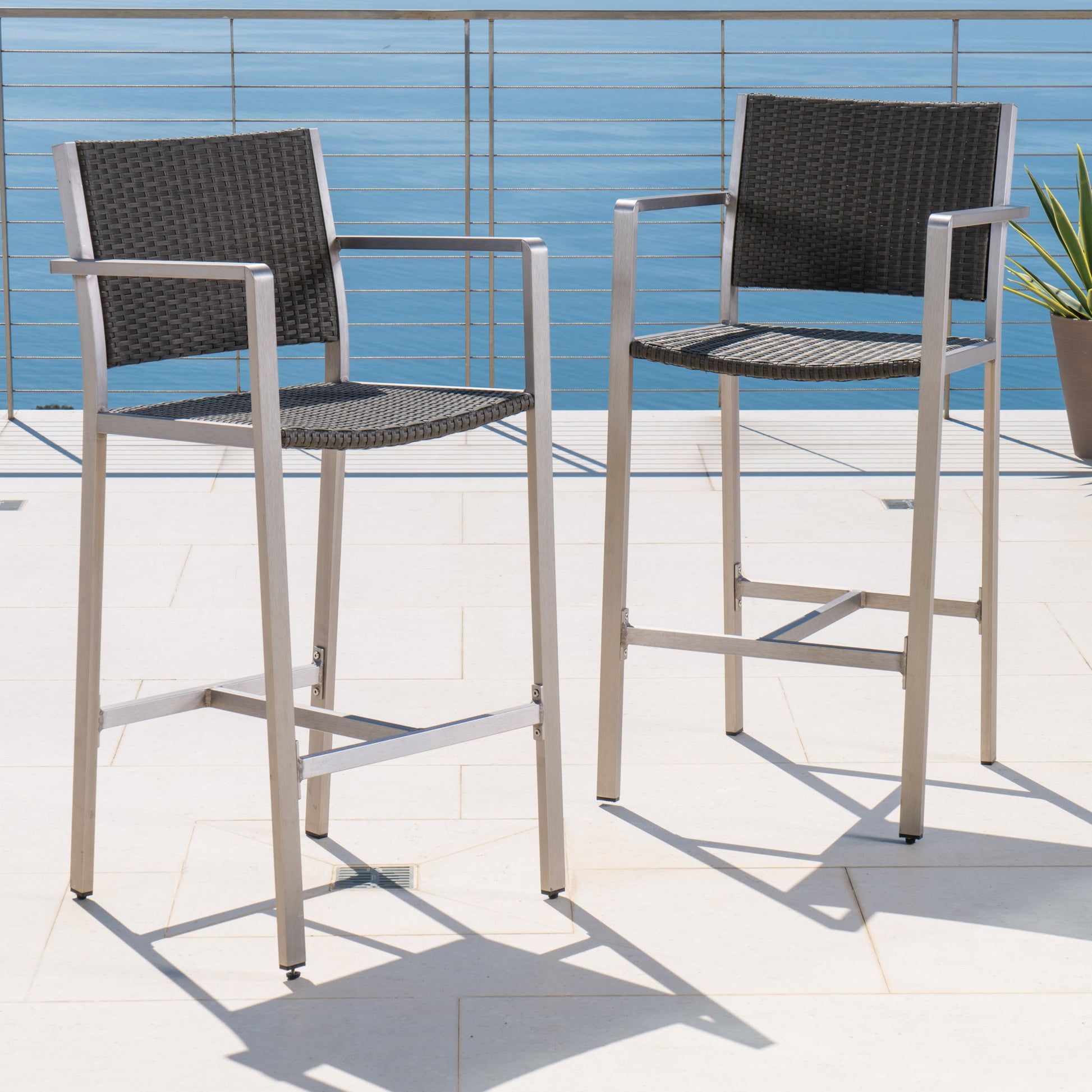 Outdoor 29.50" Rust-Proof Aluminum Barstools with PE Rattan Seat and Backrest, Set of 2, Silver & Grey