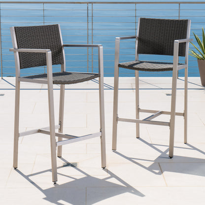 Outdoor 29.50" Rust-Proof Aluminum Barstools with PE Rattan Seat and Backrest, Set of 2, Silver & Grey