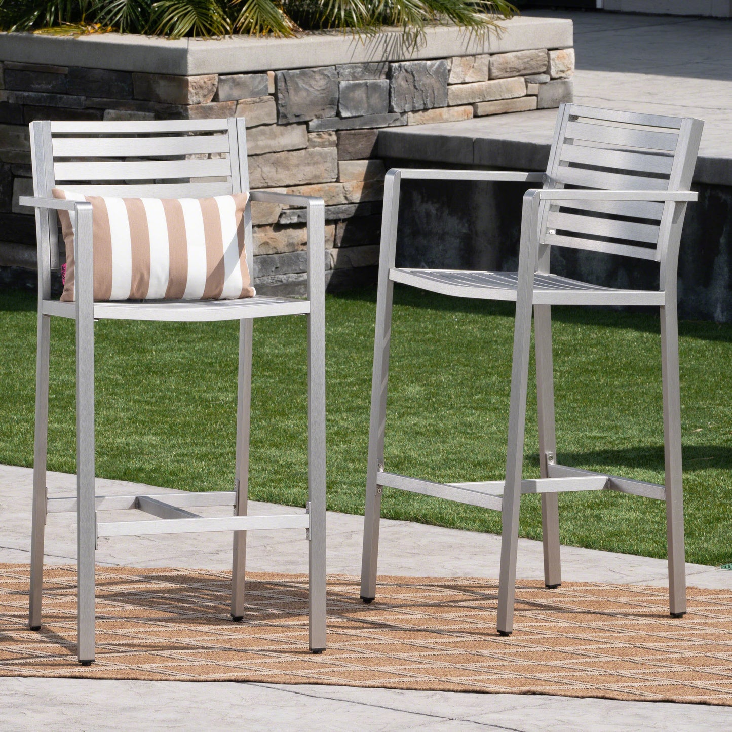 Silver 2-Person Aluminum Patio Barstool Set
