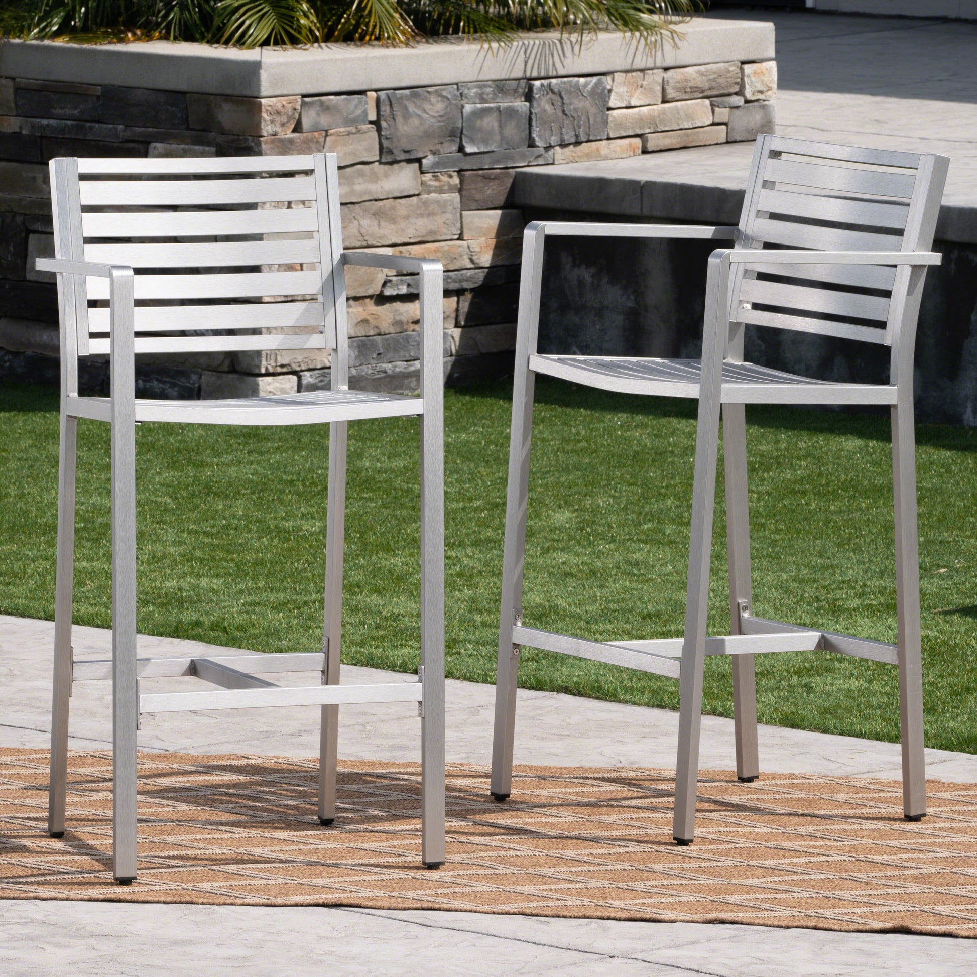 Silver 2-Person Aluminum Patio Barstool Set