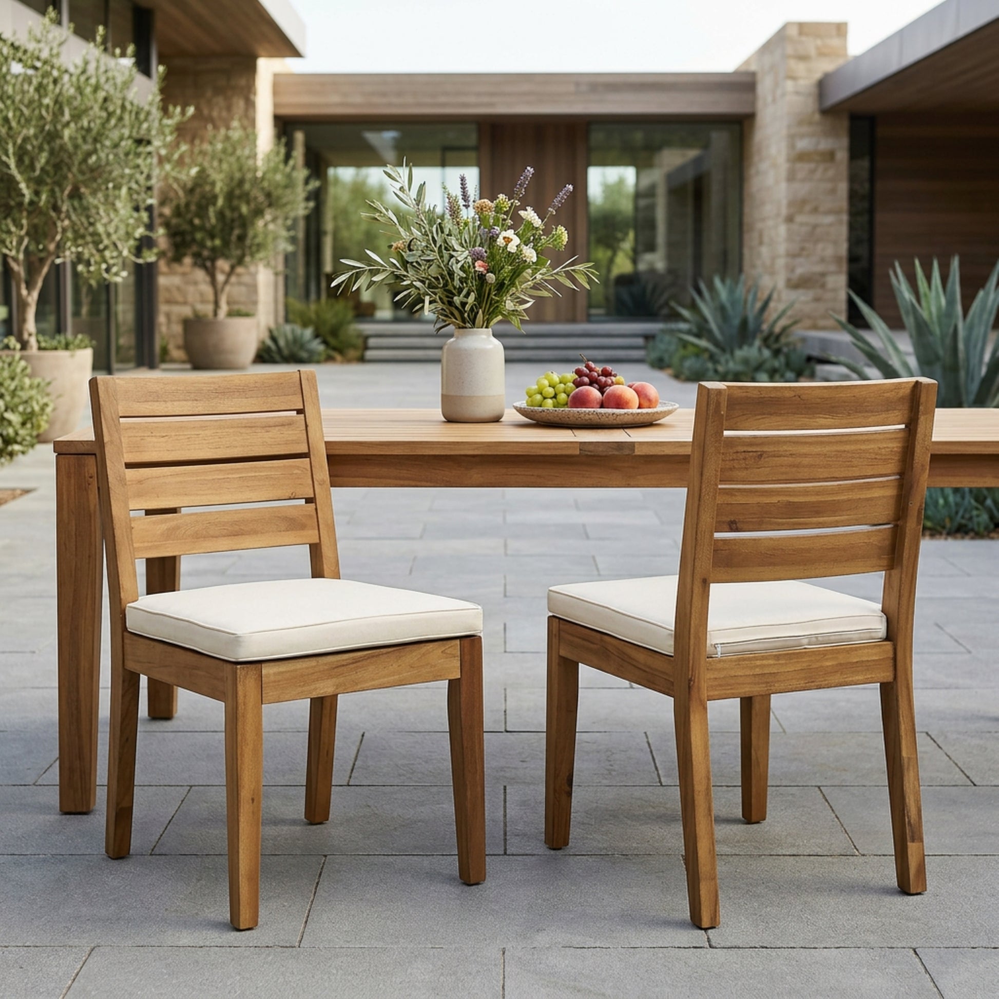 Outdoor Armless Dining Chair with Cushions(Set of 2),Natural and Beige