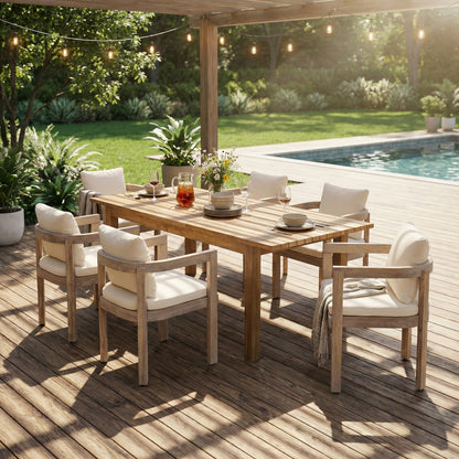 7 Pieces Acacia Wood Outdoor Dining Set with Cream Cushions,Modern 6 Chairs 1 Large Table,Dining Furniture Set for Lawn, Backyard, Garden Deck,Poolside,Teak+Light White