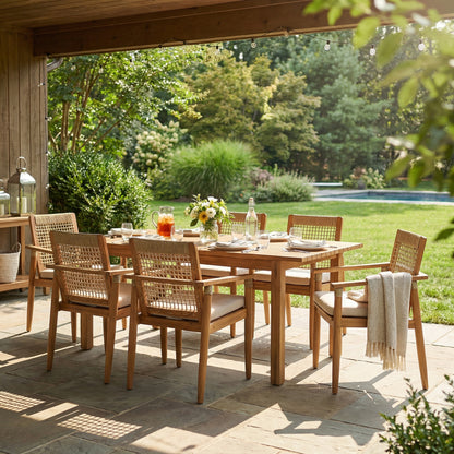 7 Pieces Acacia Wood Outdoor Dining Set with Cushions,Modern 6 Chairs with Handwoven Cord and 1 Large Table, Dining Furniture Set for Lawn, Backyard, Garden Deck,Poolside,Teak