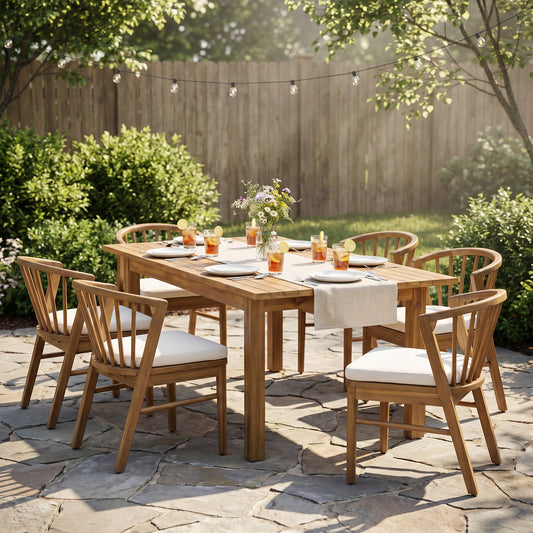 7 Pieces Acacia Wood Outdoor Dining Set with Cream Cushions,Modern 6 Chairs 1 Large Table,Dining Furniture Set for Lawn, Backyard, Garden Deck,Poolside,Teak