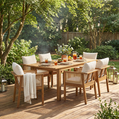 7 Pieces Acacia Wood Outdoor Dining Set with Cream Cushions and Natural Wicker,Modern 6 Chairs 1 Large Table,Dining Furniture Set for Lawn, Backyard, Garden Deck,Poolside,Teak