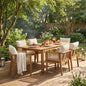 7 Pieces Acacia Wood Outdoor Dining Set with Cream Cushions and Natural Wicker,Modern 6 Chairs 1 Large Table,Dining Furniture Set for Lawn, Backyard, Garden Deck,Poolside,Teak