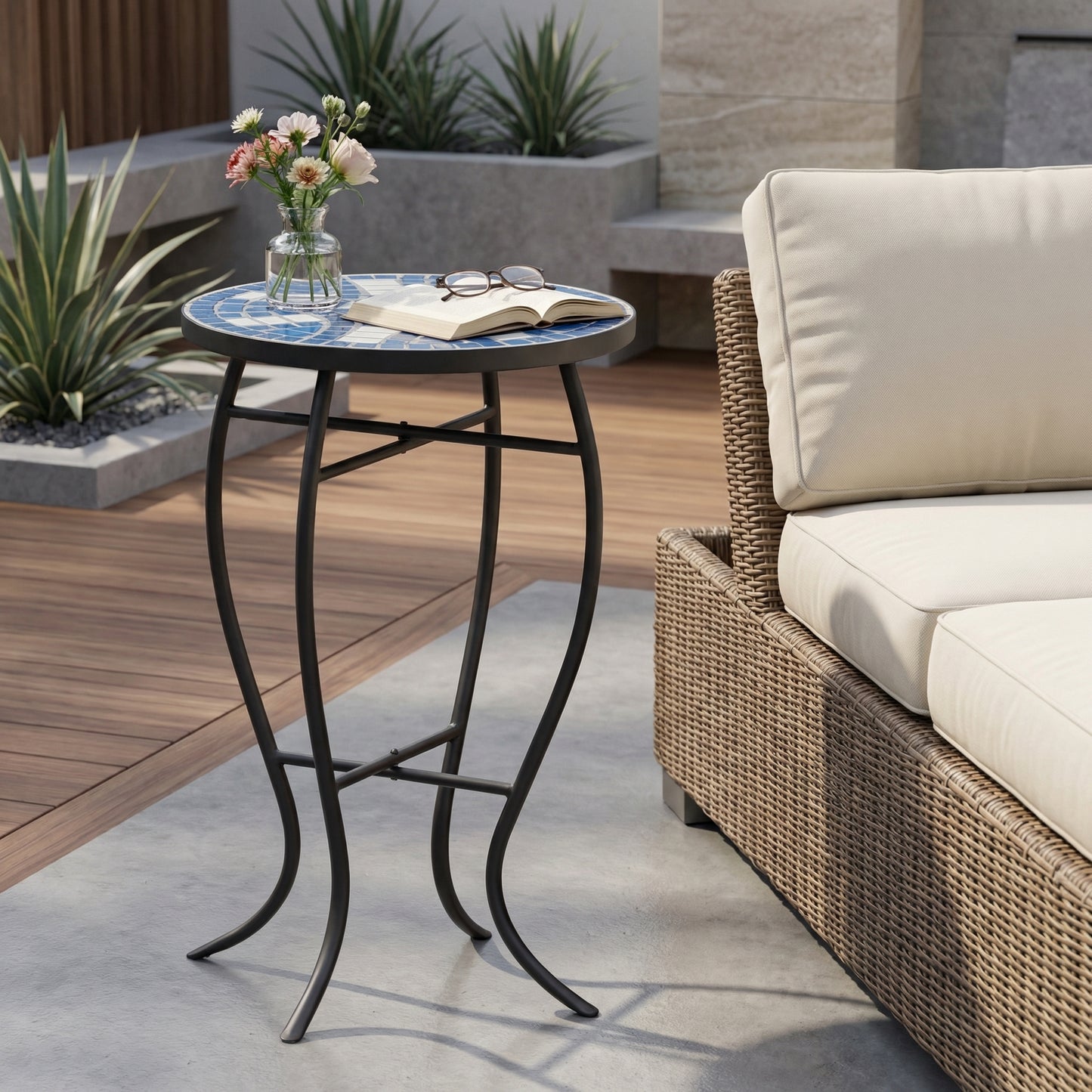 Outdoor Round Side Table with Mosaic-Style Top and Curved Iron Legs, End Table-Blue ,Wihte and Matte Black
