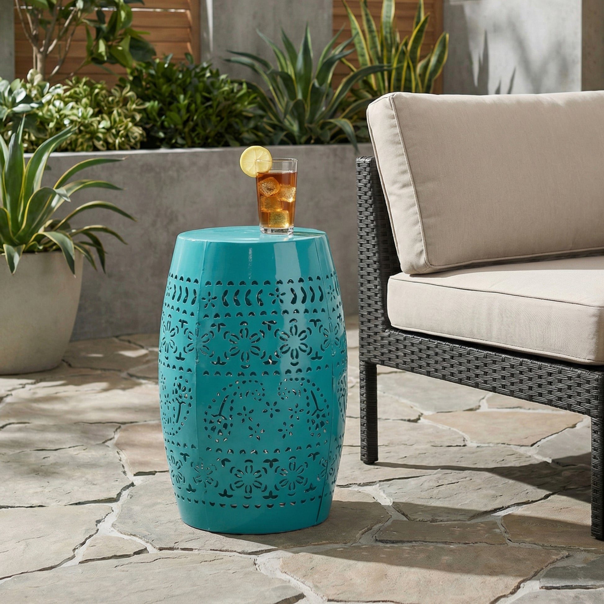 Teal Iron Outdoor Side Table - 12 Inch Floral Accent Table