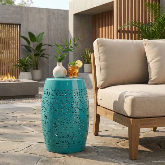 Ruby 12" Metal Outdoor Side Table, Teal Cutout Floral Pattern Accent Table, Weather Resistant Iron End Table for Patio, Balcony, Garden, Living Room