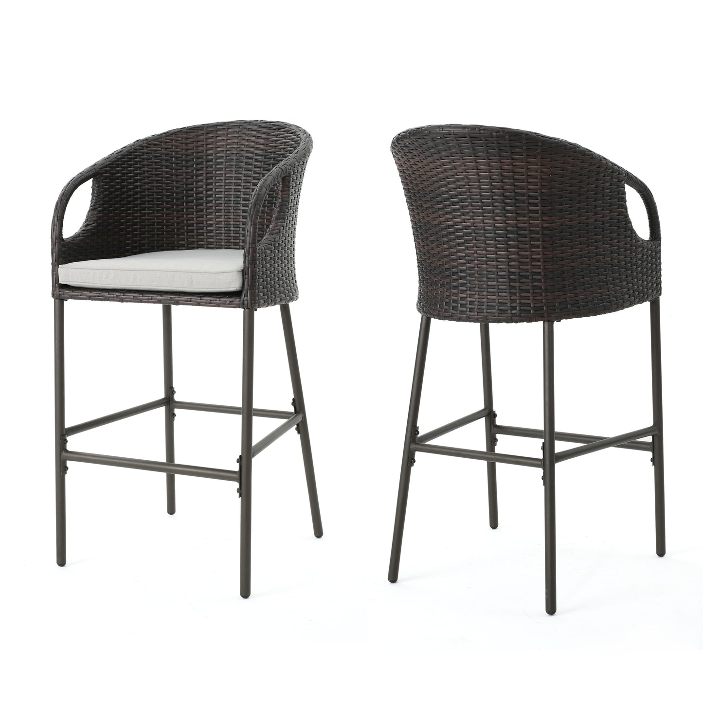 2 Person Brown Rattan Barstool Set Outdoor Patio Seating