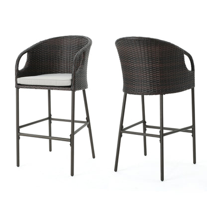 2 Person Brown Rattan Barstool Set Outdoor Patio Seating