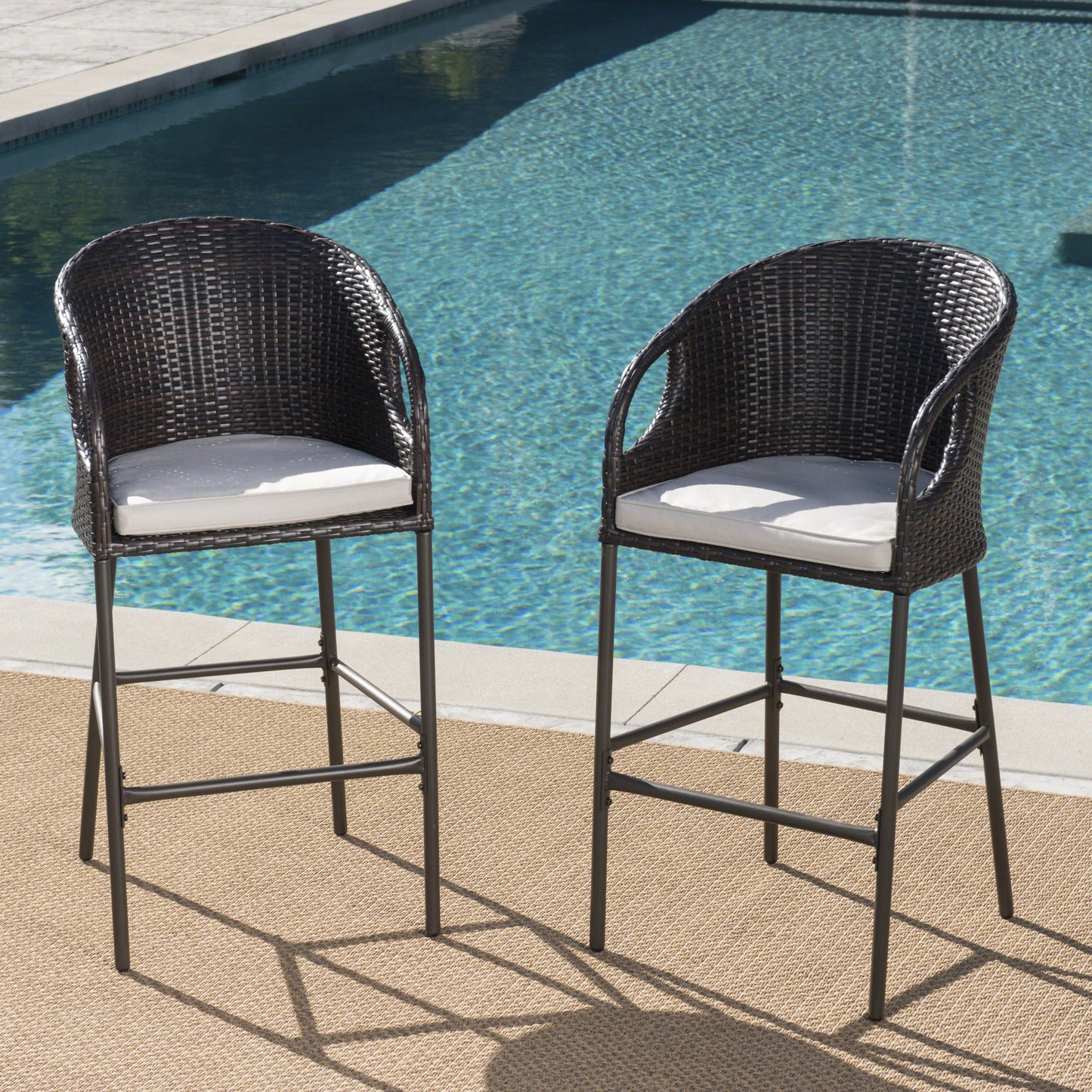 2 Person Brown Rattan Barstool Set Outdoor Patio Seating