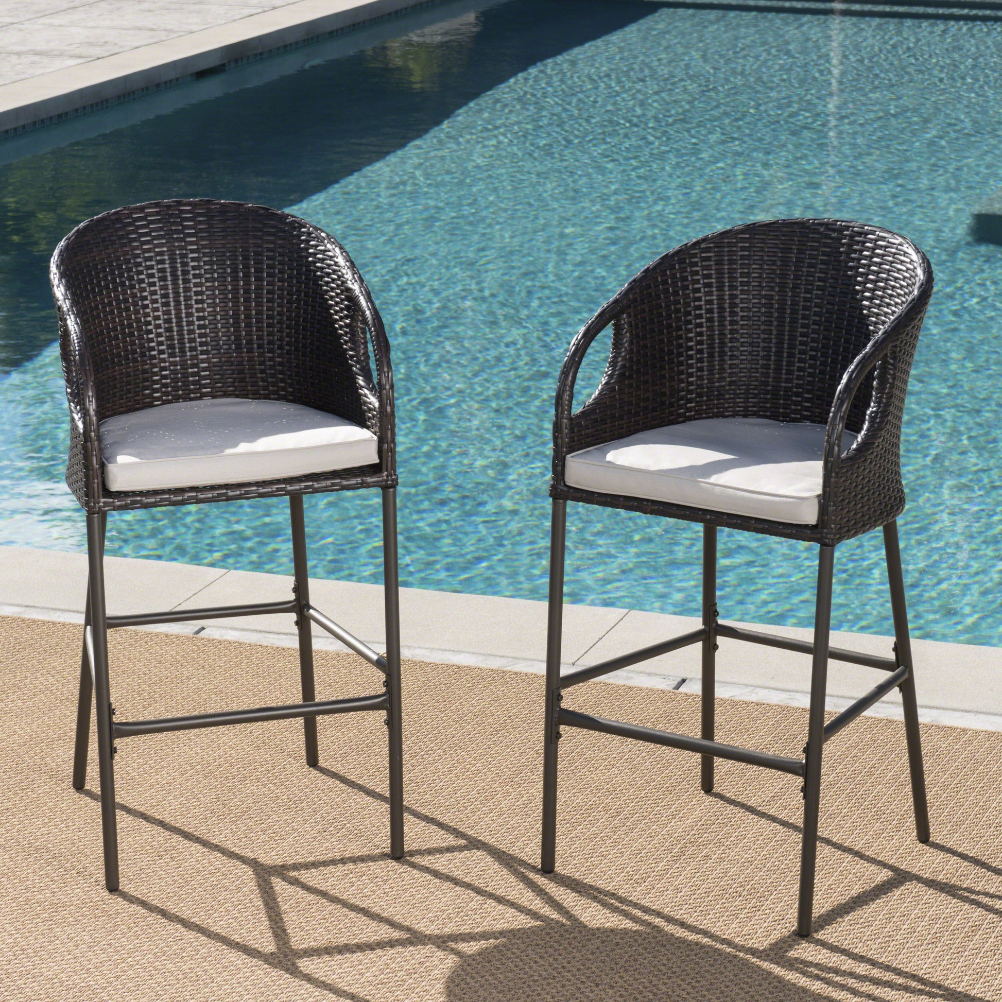 2 Person Brown Rattan Barstool Set Outdoor Patio Seating