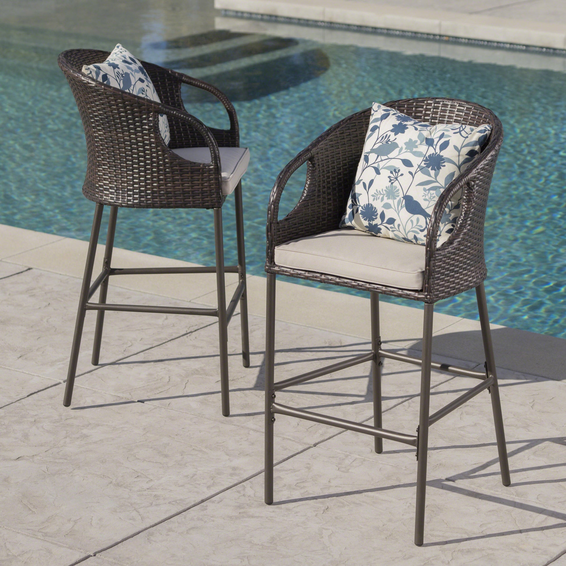 2 Person Brown Rattan Barstool Set Outdoor Patio Seating