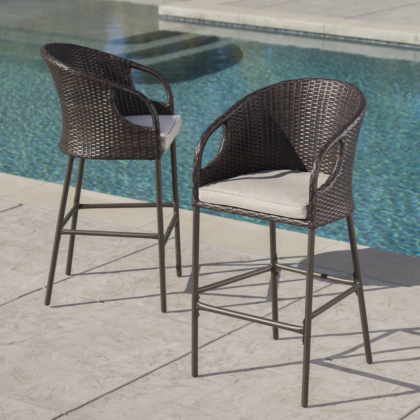 2 Person Brown Rattan Barstool Set Outdoor Patio Seating