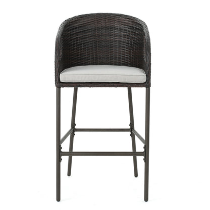 2 Person Brown Rattan Barstool Set Outdoor Patio Seating