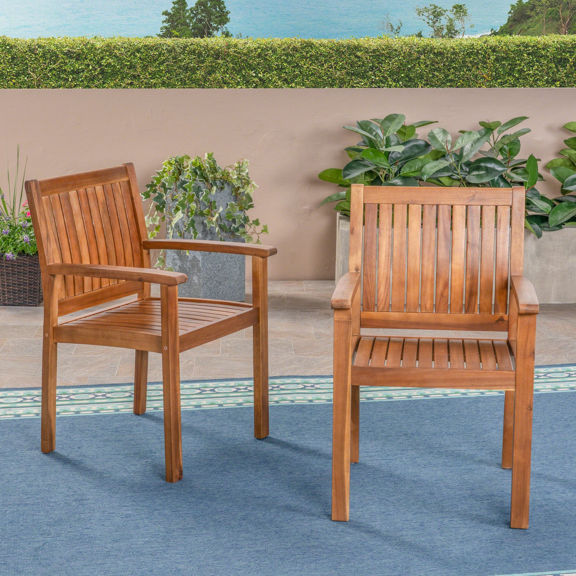 Rustic Acacia Wood Dining Chairs Set for Outdoor Patio