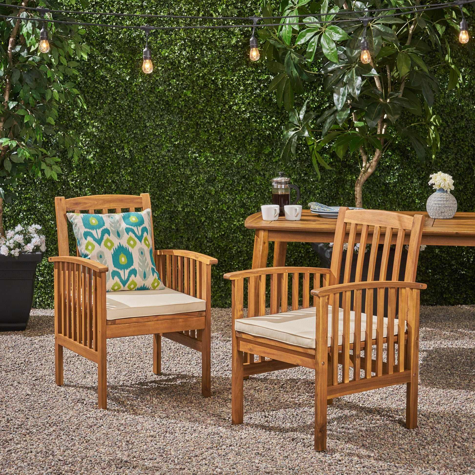 Acacia Wood Patio Dining Chair Set - 2 Chairs with Cushions
