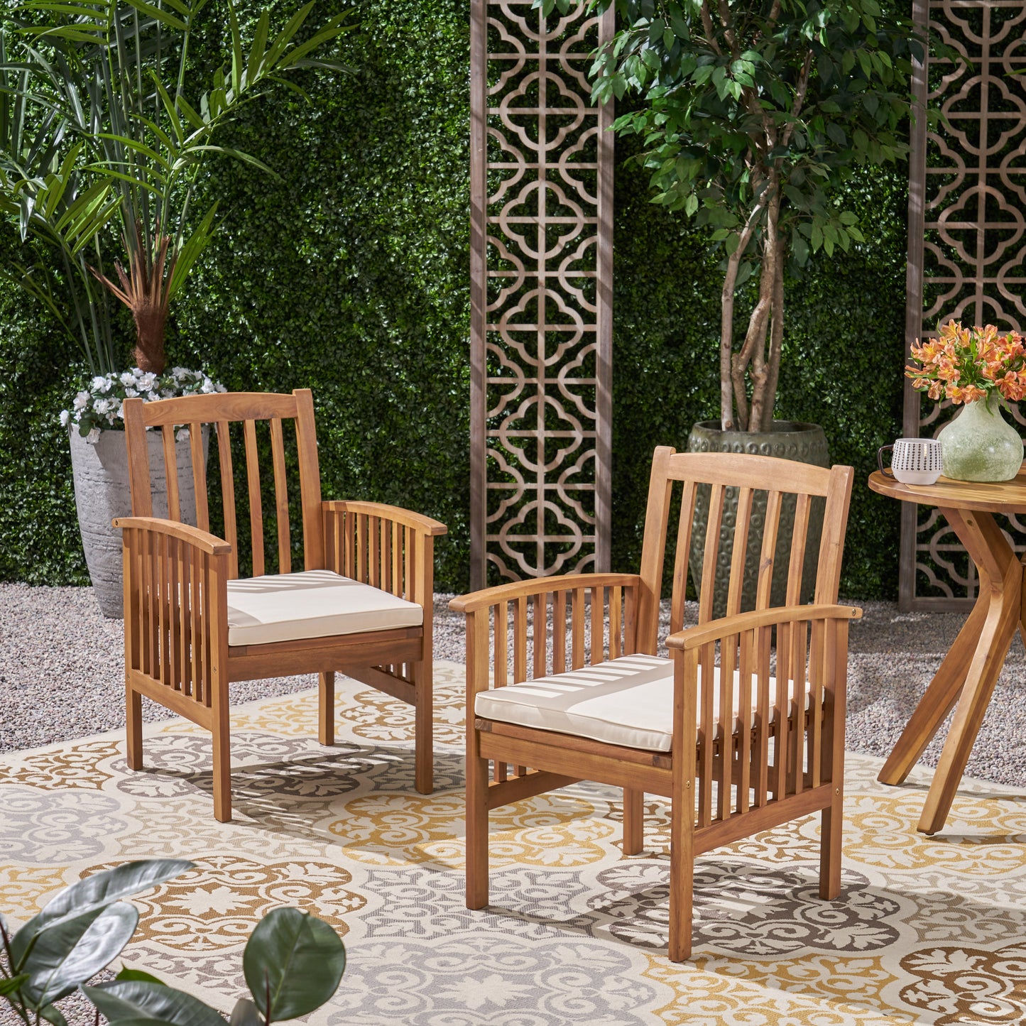 Acacia Wood Patio Dining Chair Set - 2 Chairs with Cushions