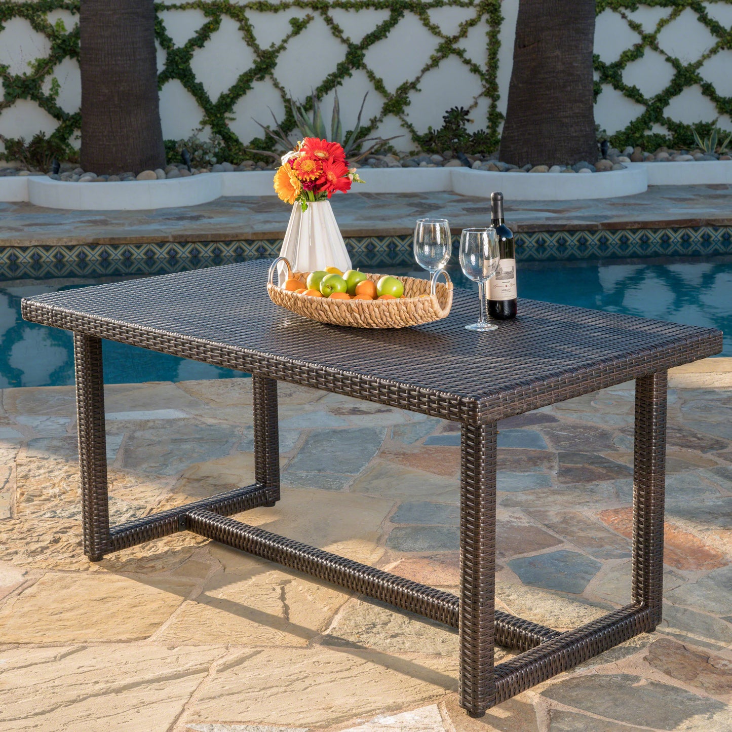 Brown Rattan Patio Dining Table - 59 Inch Outdoor Table