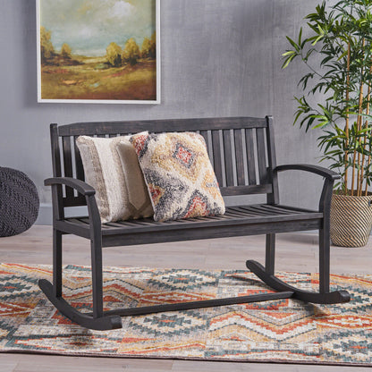 Patio Rocking Loveseat, 2 Person Outdoor rocker Bench, Acacia Wood Patio rocking Loveseat with Armrests, Slatted Seat & Backrest, Porch Rocking Bench for Backyard, Garden