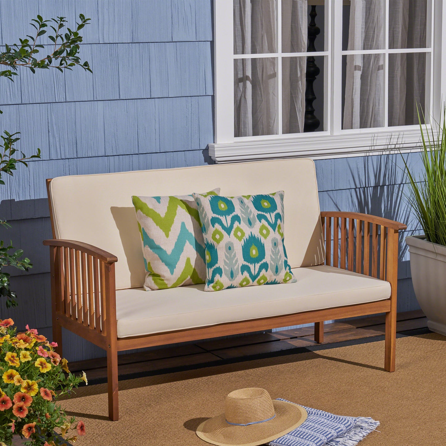 Cream Acacia Wood Loveseat for Garden or Porch Seating