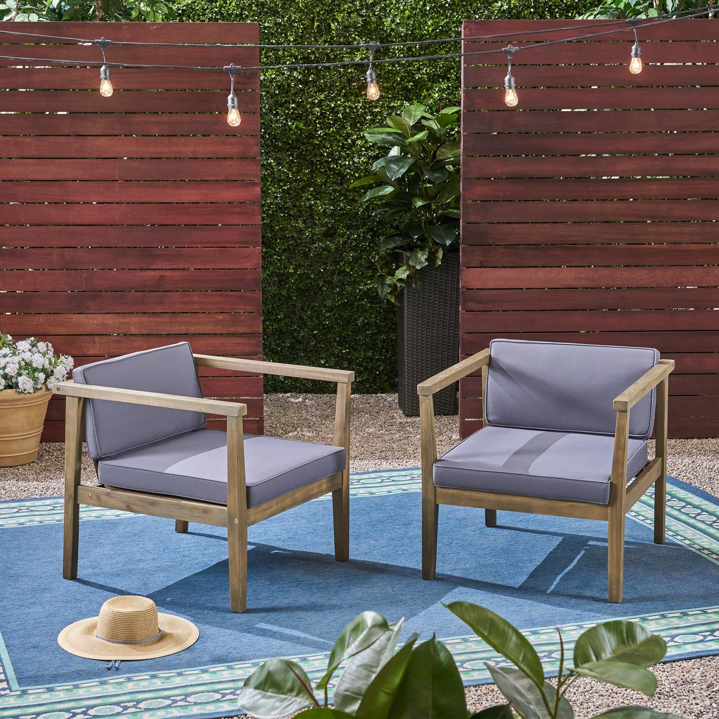Grey Acacia Wood Patio Club Chairs - Pair
