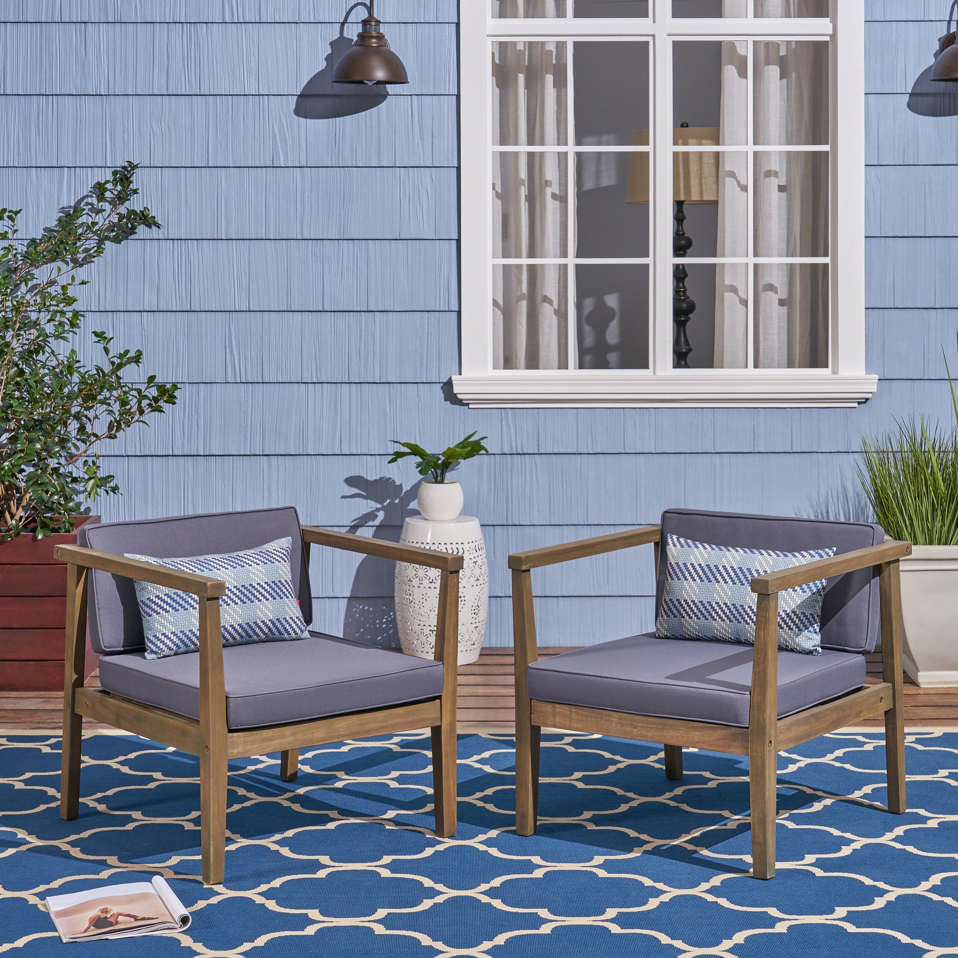 Grey Acacia Wood Patio Club Chairs - Pair