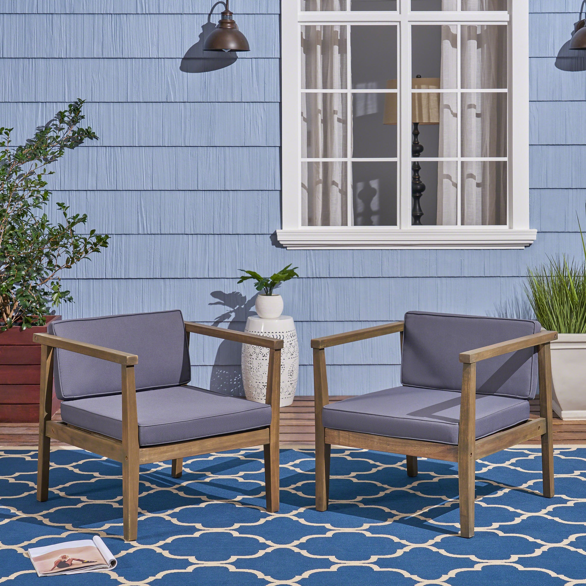 Grey Acacia Wood Patio Club Chairs - Pair