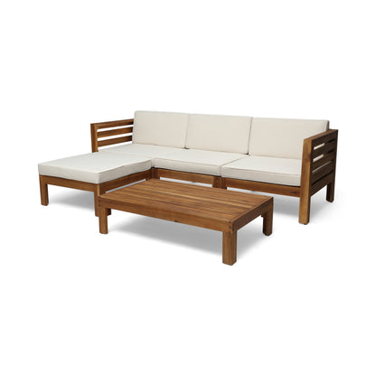 Beige Acacia Wood L Shape Sofa Set Outdoor