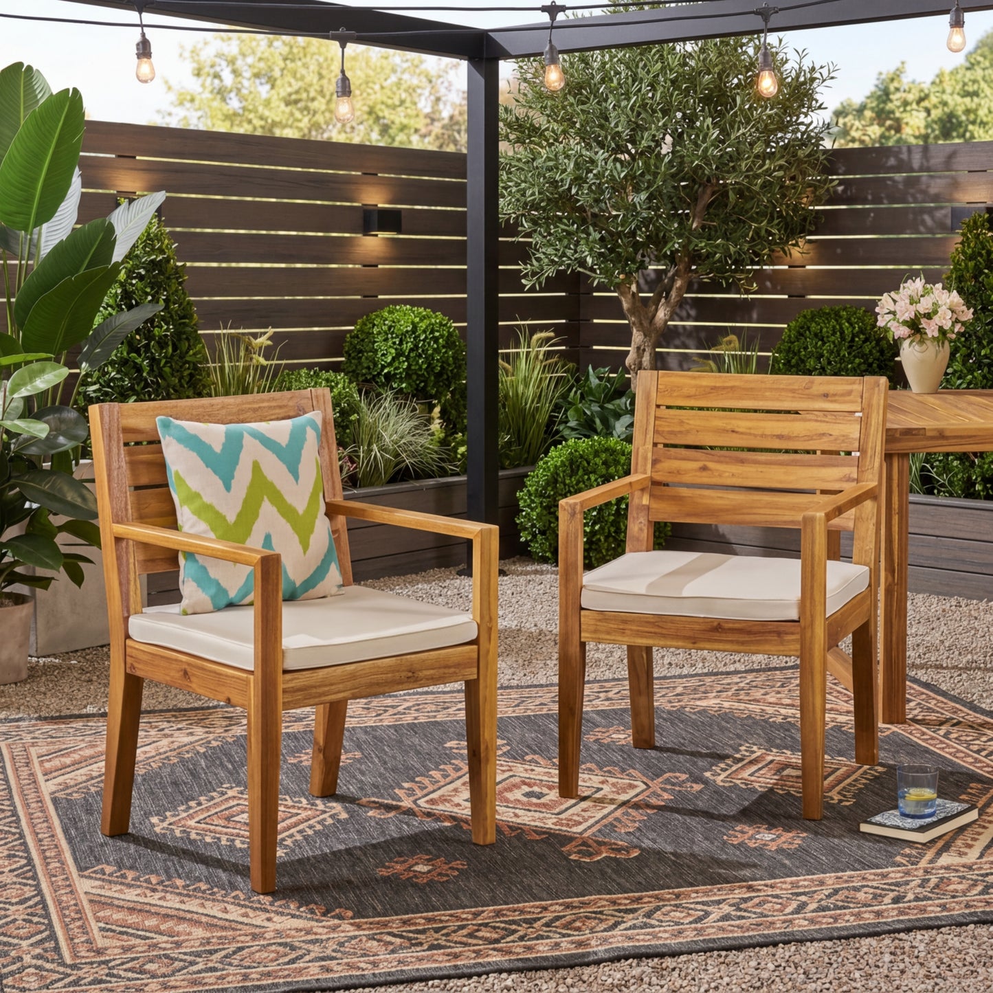 Acacia Wood Dining Chairs Set of 2 with Beige Cushions