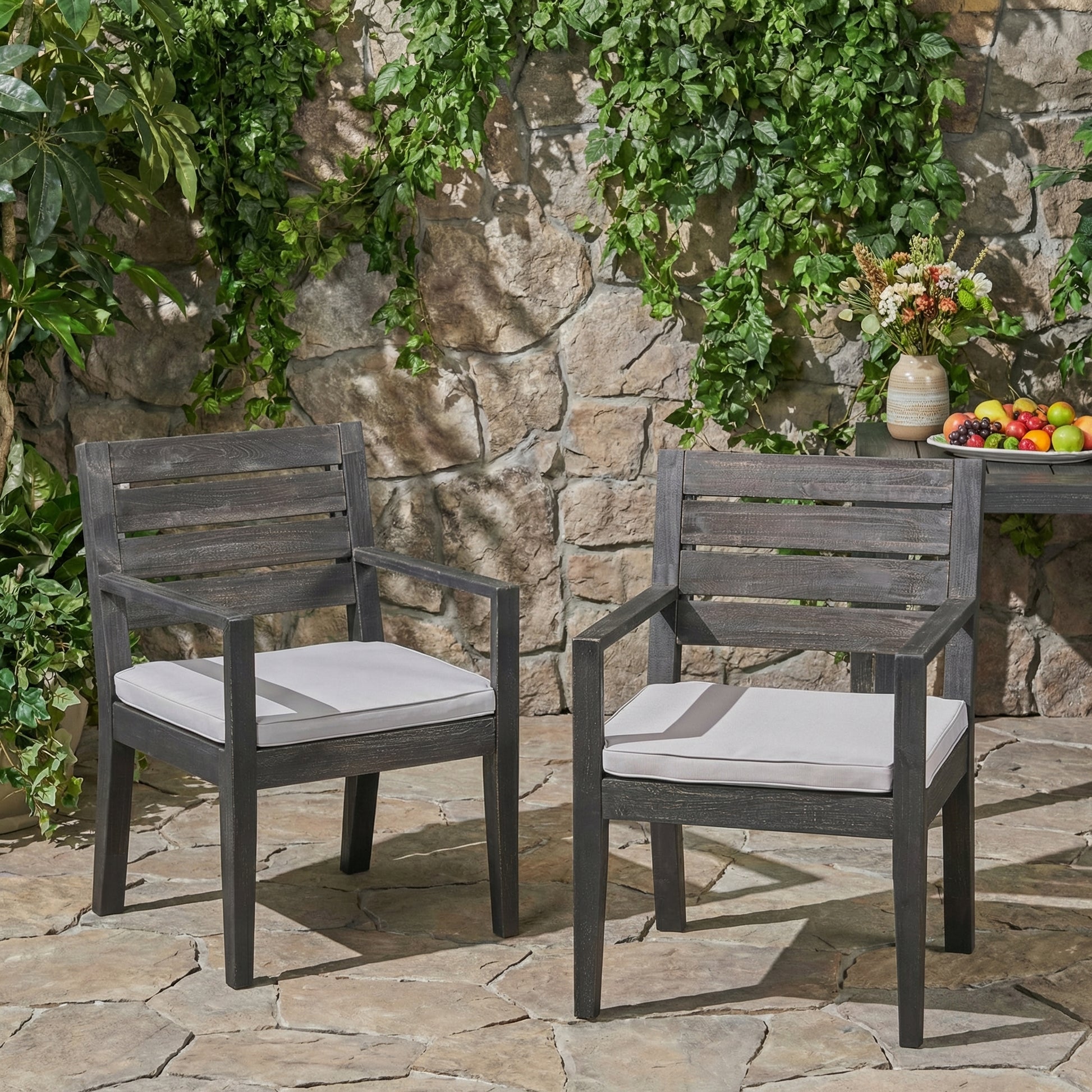 Outdoor Dining Chair Set of 2, Dark Grey With Light Grey Cushion