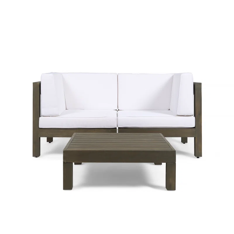 White Acacia Wood Patio Loveseat Set with Coffee Table