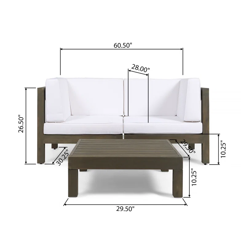 White Acacia Wood Patio Loveseat Set with Coffee Table