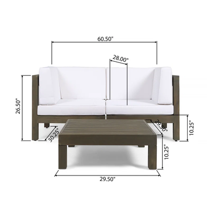 White Acacia Wood Patio Loveseat Set with Coffee Table