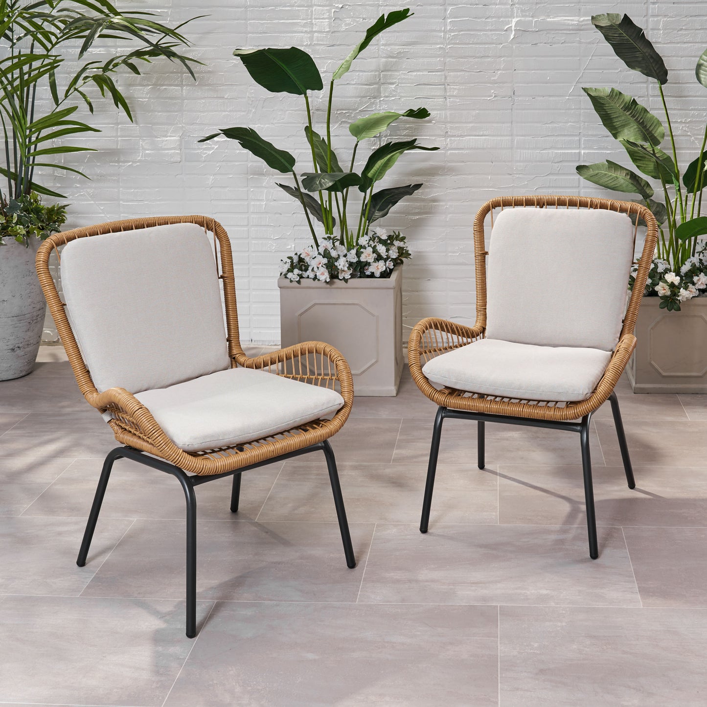 Modern Iron Patio Chair Set in Light Brown for Garden