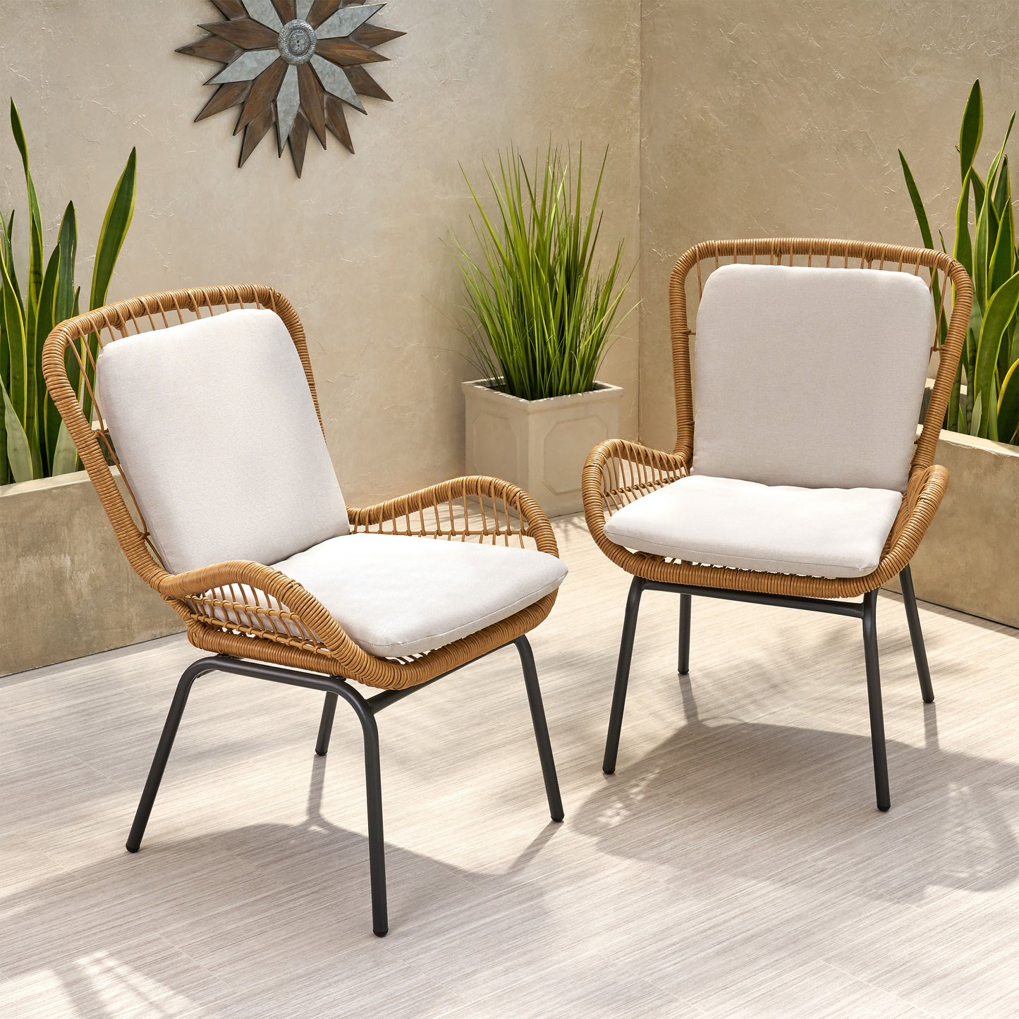 Modern Iron Patio Chair Set in Light Brown for Garden