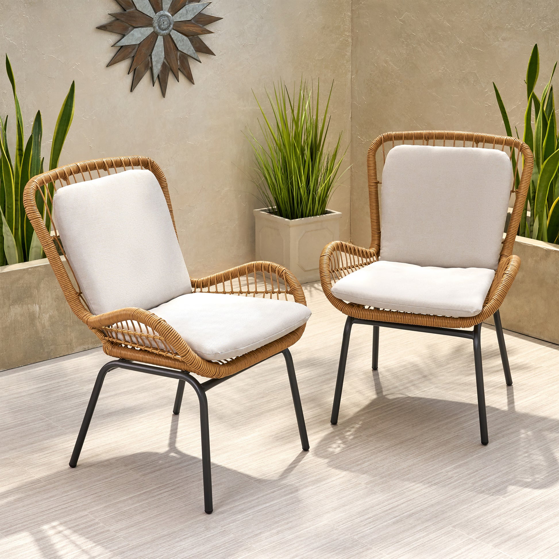 Modern Iron Patio Chair Set in Light Brown for Garden