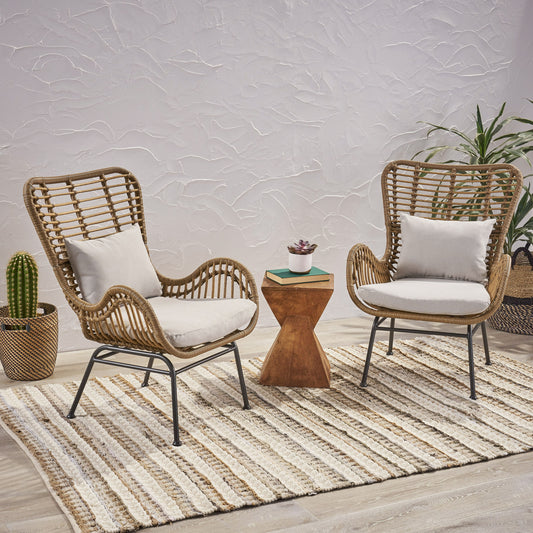Beige Brown Iron Plastic Patio Chairs Set of 2