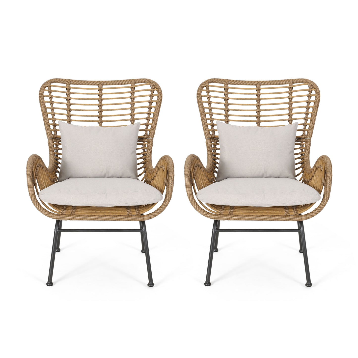 Beige Brown Iron Plastic Patio Chairs Set of 2