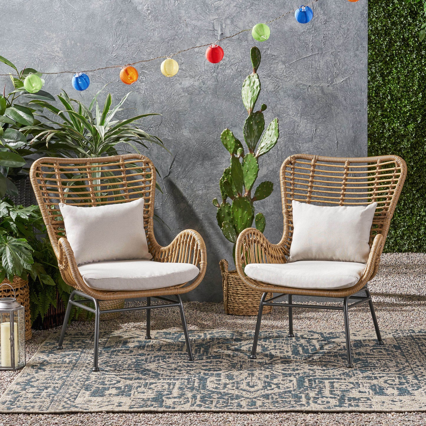 Beige Brown Iron Plastic Patio Chairs Set of 2