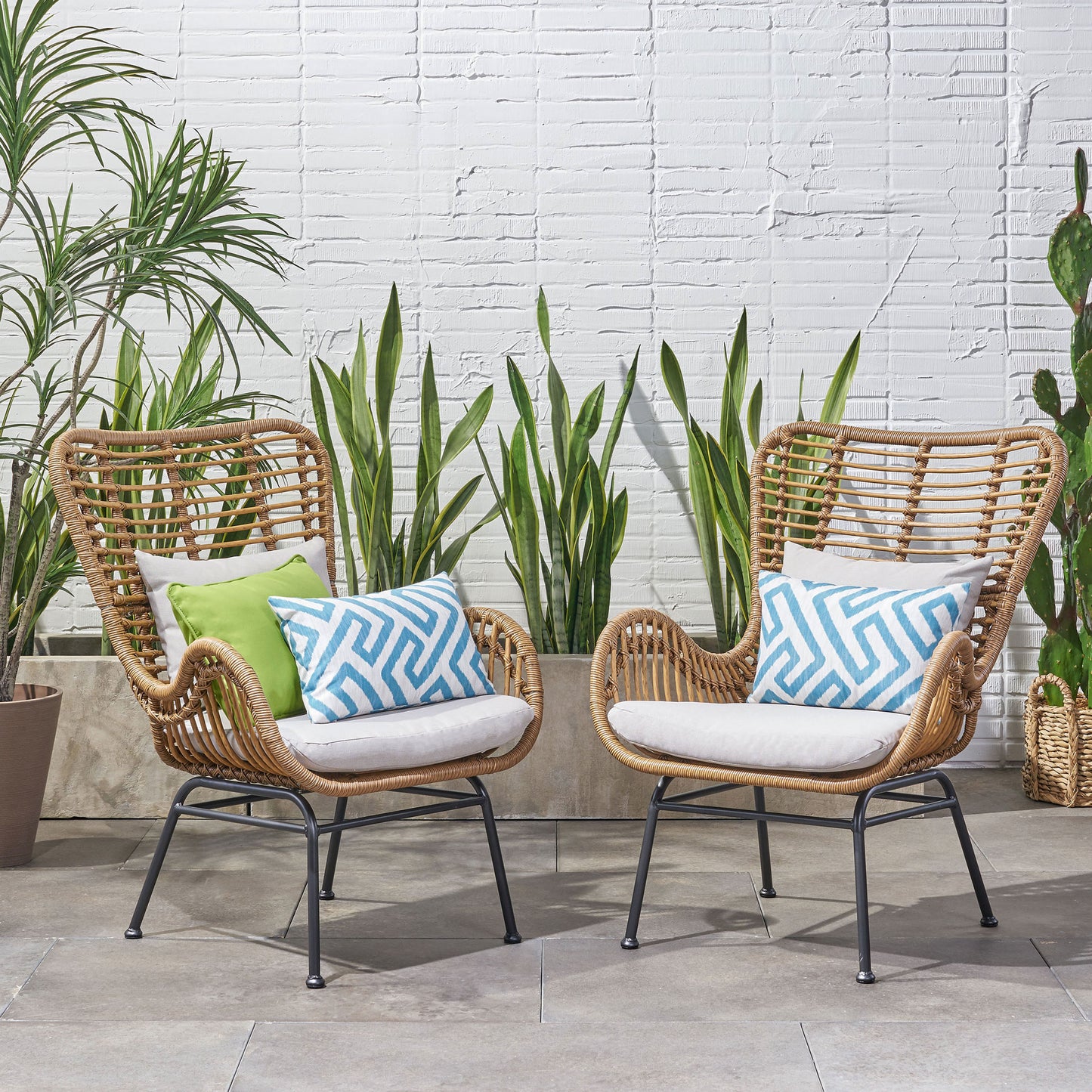 Beige Brown Iron Plastic Patio Chairs Set of 2